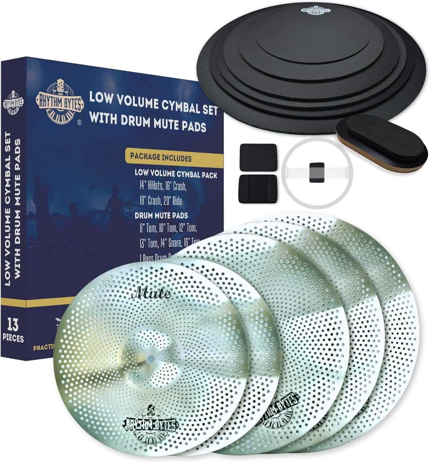 Rhythm Bytes Low Volume Cymbal Pack with Drum Silencer Pads, 13pcs, Cymbals Set - 14