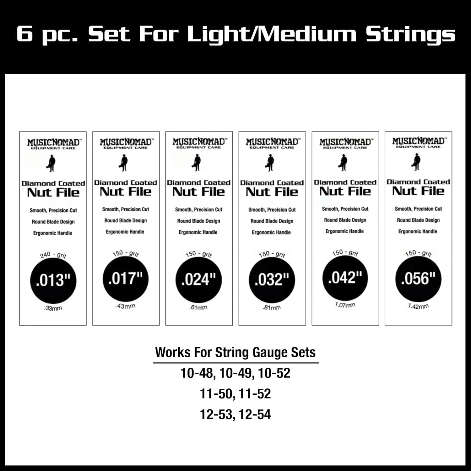 MusicNomad 6 pc. Acoustic Guitar Diamond Coated Nut File Set - Light/Medium Strings (MN670)