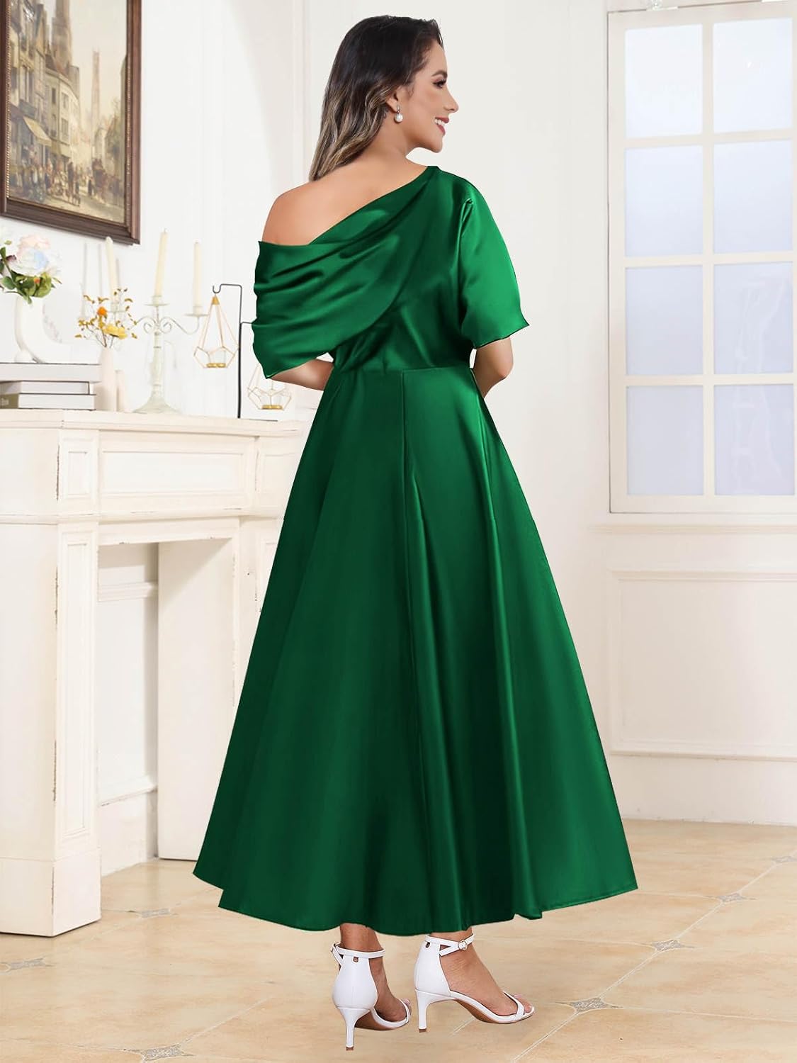 Tea Length Satin Mother of The Bride Dresses for Women One Shoulder Pleated Formal Evening Gown with Pockets
