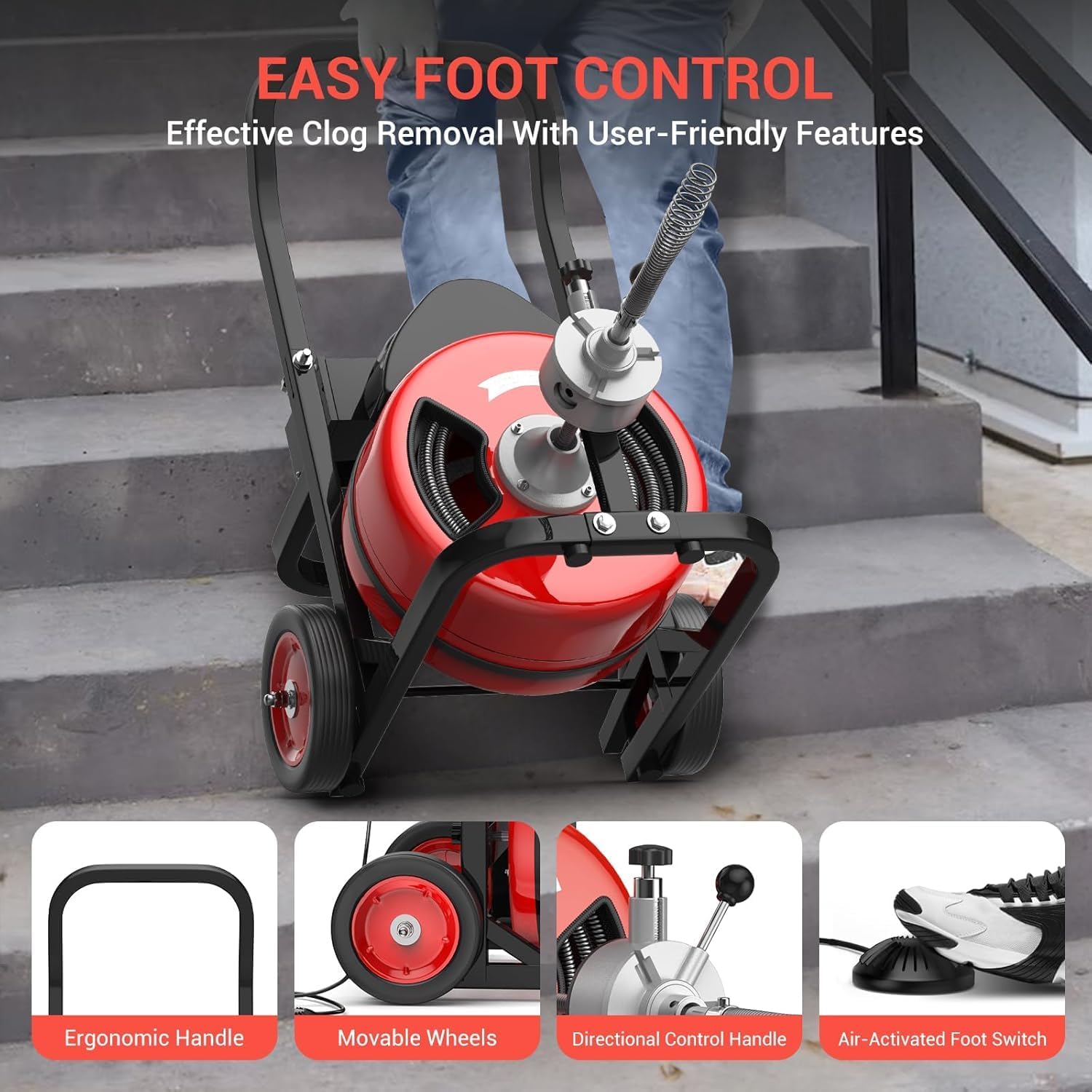 Sewer Snake,Electric Drain Snake with Auto-Feed, 100 ft x 3/4 inch Cable - 450W Portable Drain Cleaning Machine, 6 Cutters & Air-Activated Foot Switch for 4 to 8 inch Pipes