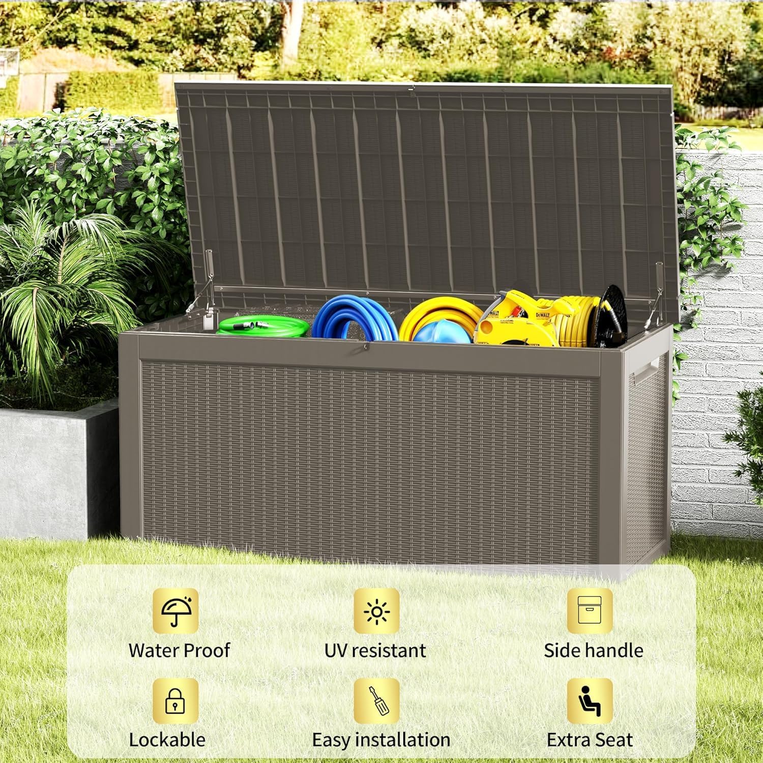 320 Gallon Resin Deck Box, Waterproof Outdoor Storage Box for Patio Furniture Cushions, Garden Tools, and Pool Accessories, Large Lockable UV-Resistant Storage Bin Bench Cabinet for Outside, Grey