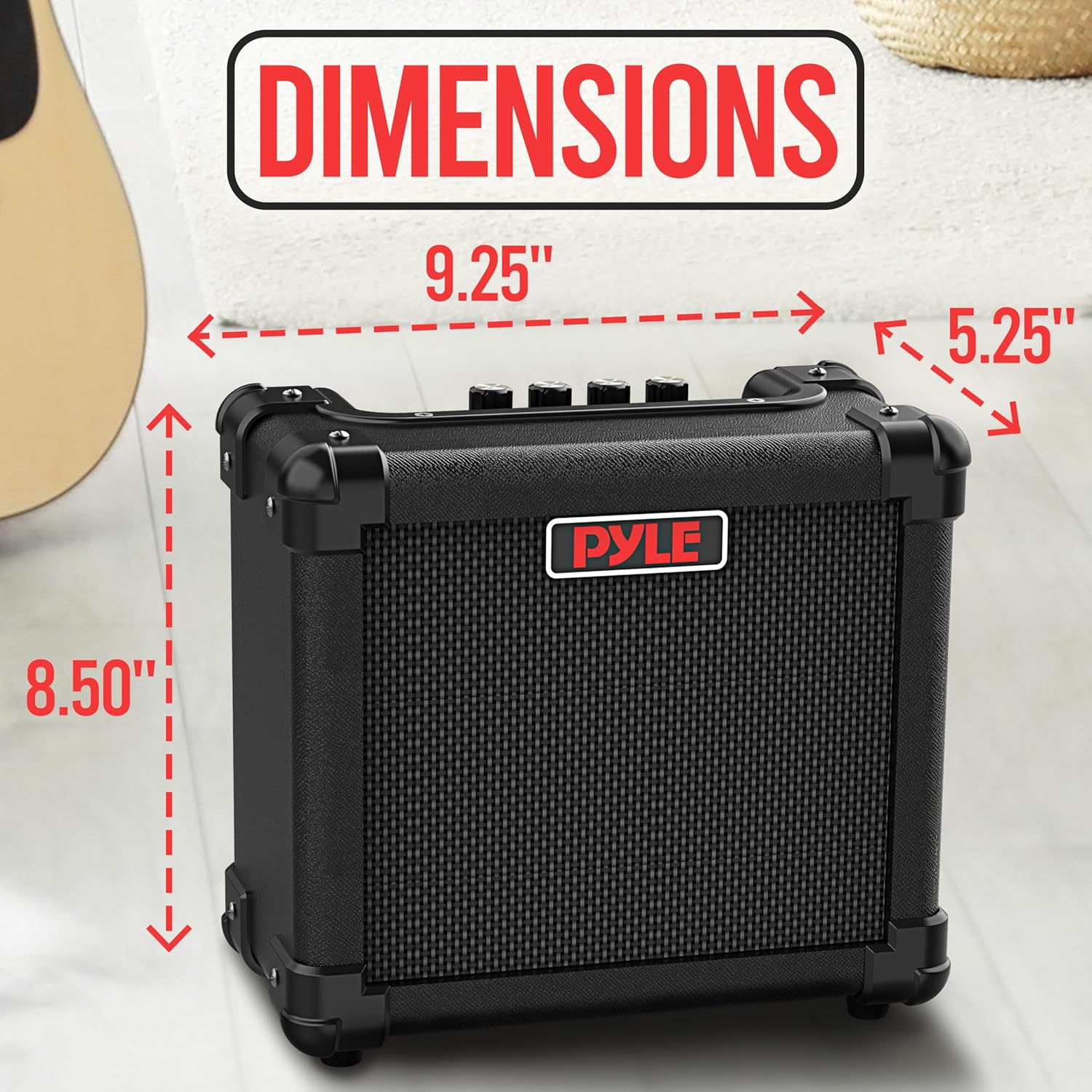 Pyle Portable Electric Guitar Amplifier - Battery or Wall Power 10 Watts Mini Instrument Amp with 5-Inch High Definition Speaker, Volume, Bass, Treble, Distortion, Gain Controls, AUX Input