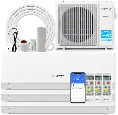 COSTWAY 36k Tri 3 Zone Mini Split Air Conditioner, 23 SEER2, 7k+12k+12k BTU, 208-230V, Wifi Enabled Multi Zones Mini Split AC Heat Pump Full Set, Ductless Energy Star