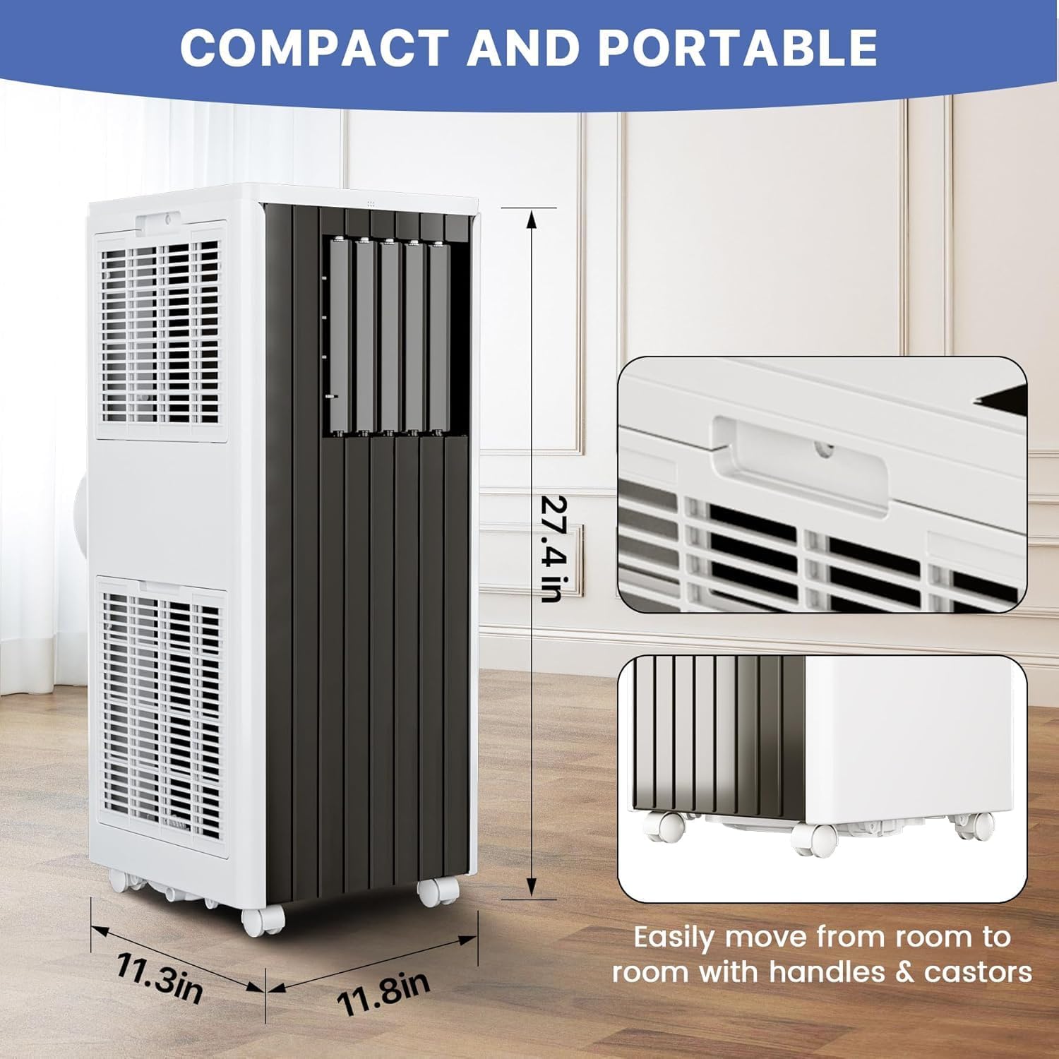 8000 BTUs Portable Air Conditioner - 3-in-1 Air Conditioners with Cooling, Dehumidifying & Fan Modes, 300 CFM, Mobile AC Unit for Rooms Ultra Quiet, Temperature Control 61-88°F, White Top Cover