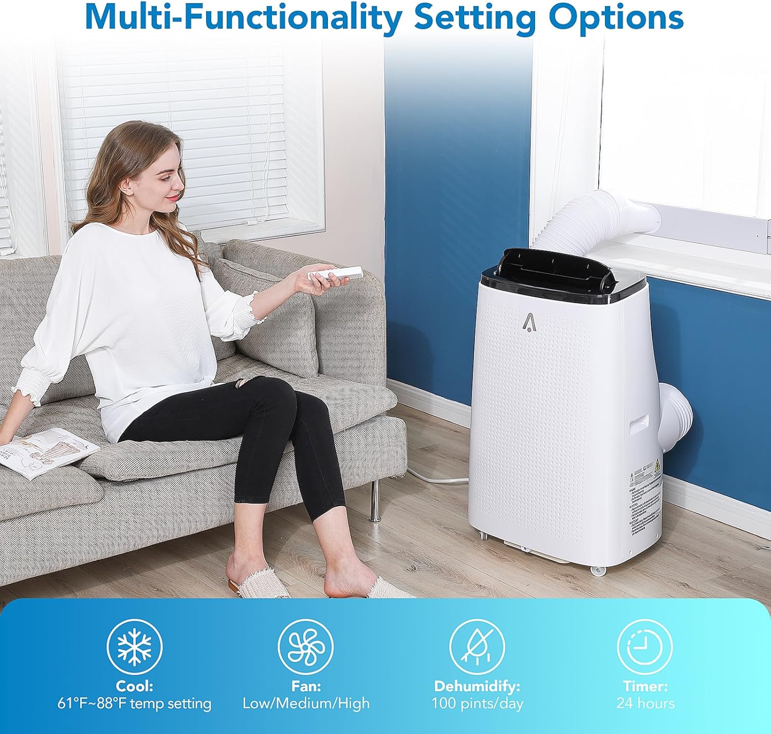 15,000 BTU Portable Air Conditioner Cools Room Up to 850 Sq.Ft. Freestanding AC Unit with Drainage-Free Cooling, Remote Control, Fan/Dehumidifier, Auto Swing, Window Kit