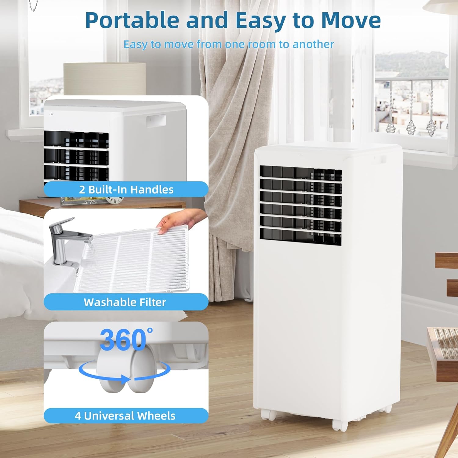 8000 BTU Portable Air Conditioner, 4-in-1 Portable AC Unit with Cooling, Dehumidifier, Fan, Stand AC Units for Room Cooling Up to 350sq.Ft, Sleep Mode, White Cover