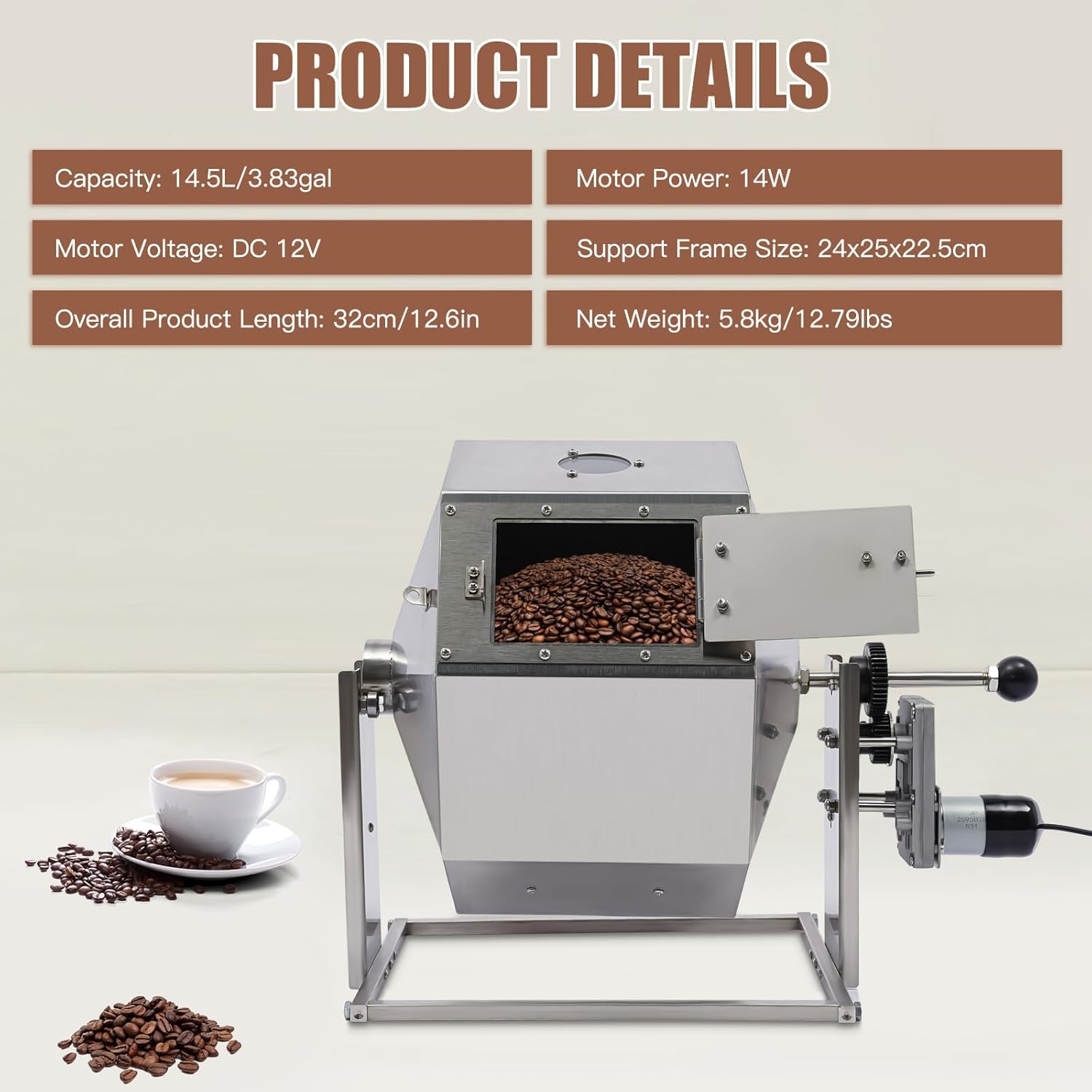 14.5L Commercial Coffee Bean Roaster Stainless Steel Coffee Bean Baking Machine Automatic Rotary Gas Burner Drum Roaster Machine
