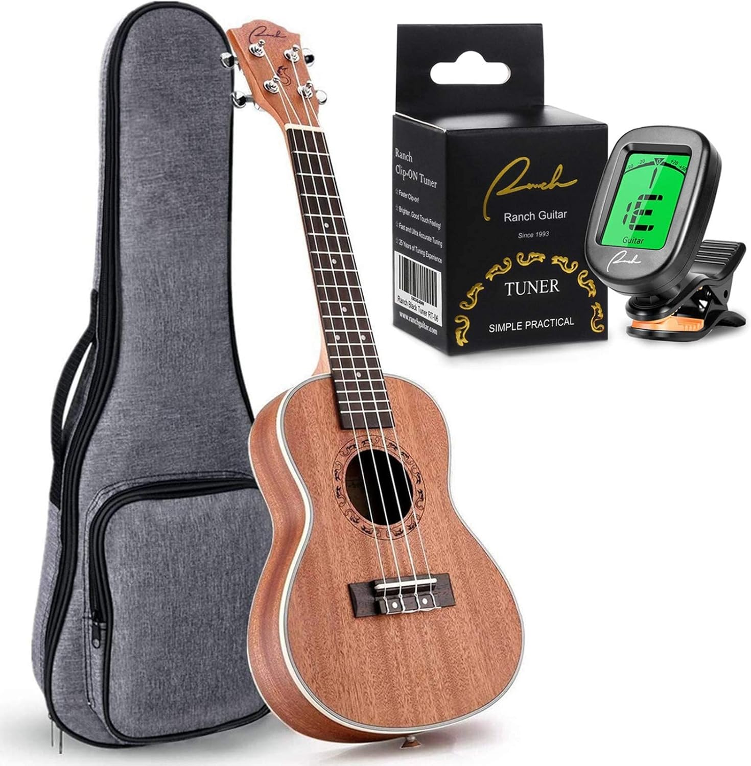 Ranch Left Handed Tenor Ukulele 26 inch Professional Wooden Ukelele Instrument with Padded Gig Bag - Clip On Tuner for Acoustic Electric Guitar Ukulele Violin Bass Banjo Chromatic - Classical Black