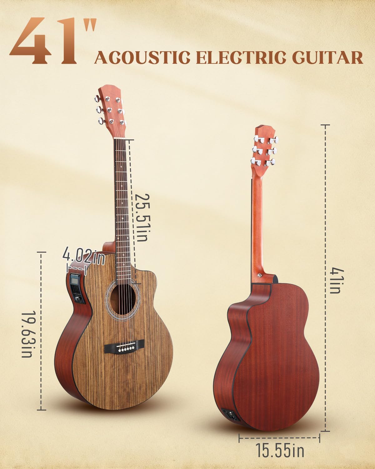Ktaxon 41 Inch Cutaway Acoustic Electric Guitar, Full Size Walnut Wood Body Beginner Guitars Kit with 15W Amp, Extra Strings & Capo Includes All Accessories (Brown)