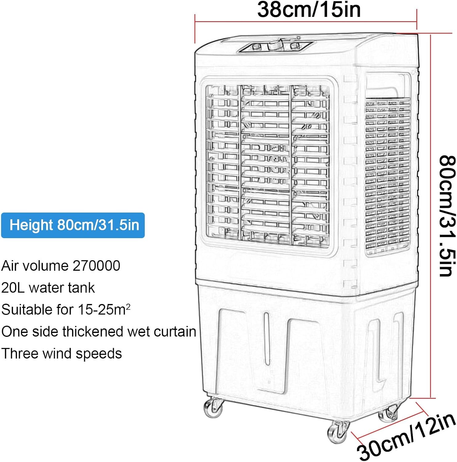 Swamp Cooler Air Conditioner, Evaporative Air Cooler w Large Capacity Water Tank, 4 Ice Box, Portable Air Conditioner with 3 Speeds for Backyard, Garage, Patio, Indoor(38x30x80cm(15x12x31.5in))