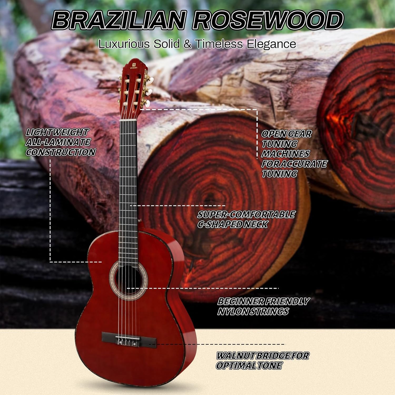 Classical Guitar Full Size 4/4 Spanish Style Classical Guitarra, 39 Inch Nylon Strings Guitar Ideal for Beginner Adults, Solid Rosewood Red, by Vangoa