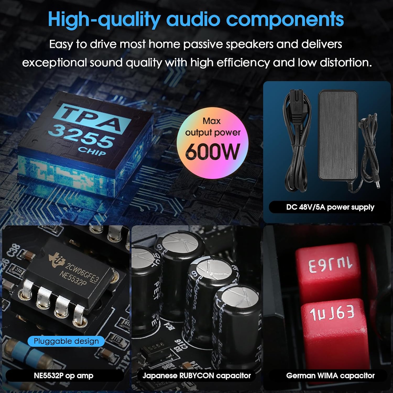 Nobsound 300Wx2 Stereo Amplifier with Phono Input - HiFi Class D Mini Power Amp for Home Theater, Turntables, Studio Monitor | TPA3255 Chip, RCA/MM Inputs, Bass/Treble Control (NS-13G MAX DC 48V)