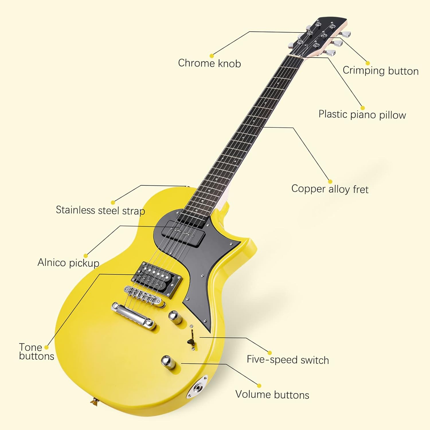 Electric Guitar Beginner Guitar 40.2 Inch Solid Poplar Body Maple Neck Laurel Fingerboard HH Pickups Les Paul Style with Gig Bag Tuner Capo (Color Options) (Yellow)