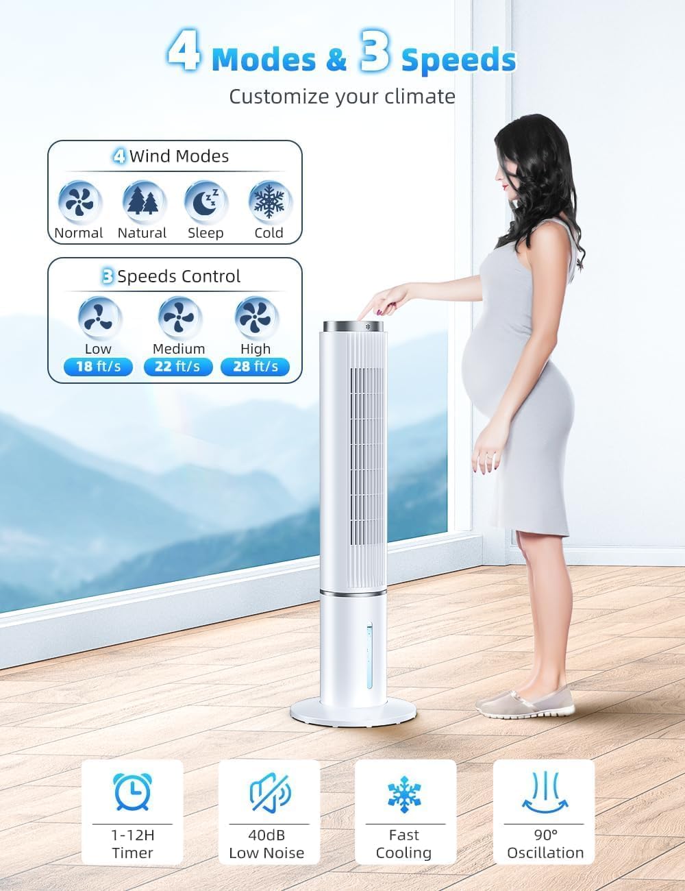 42 INCH Windowless Portable Air Conditioners w/4 Modes & 3 Speeds, 1-Gal Tank for 15H Cooling, 12H Timer, Swamp Cooler Air Conditioner No Window Needed, 90° Oscillating AC Unit for Bedroom