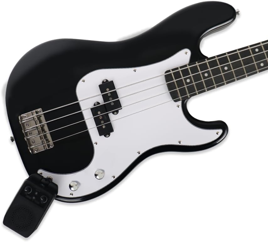 Full size 4strings electric bass guitar kit package black color with 5W portable plug and play amplifier travel amp set with strap gig bag bundle for beginner starter practice (BKPB-30)