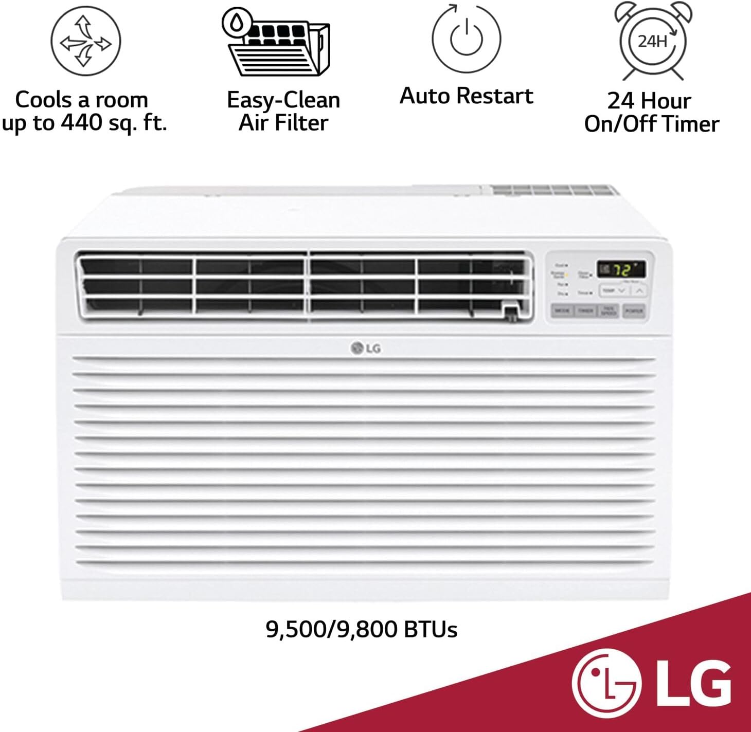 LG 9,800 BTU Through the Wall Air Conditioner, 230/208V, Cools up to 440 Sq. Ft. for Bedroom, Living Room, Apartment,, with Remote, 3 Cool & Fan Speeds, Wall AC Unit, White