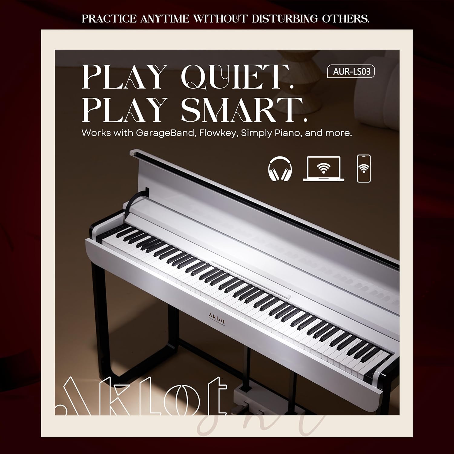 AKLOT Modern Weighted Keyboard Piano: 88-Key Graded Hammer Action Digital Piano with Classic Tones, 25W Speakers, Triple Pedal, Headphone, Beginner Lesson Book, High-Gloss Pearl White Finish(AUR-LS03)