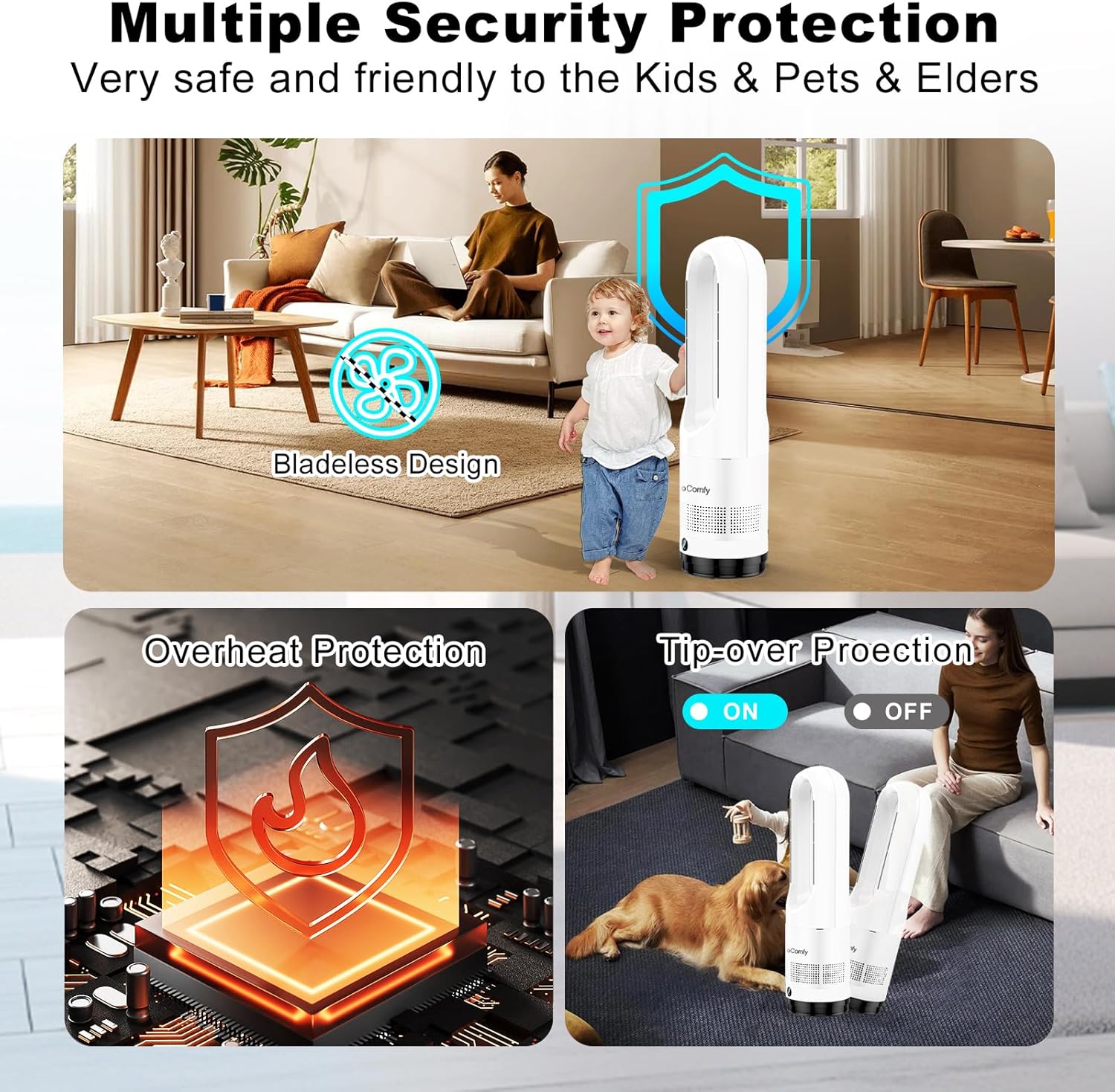 Bladeless Tower Fan for Bedroom, 22Inch 1400W Space Heater & 40W Cooler Fan Combo with Remote, Overheat & Tip-Over Protection, 80° Oscillating, 9H Timer, LED Display for Bedroom, Kitchen, Office