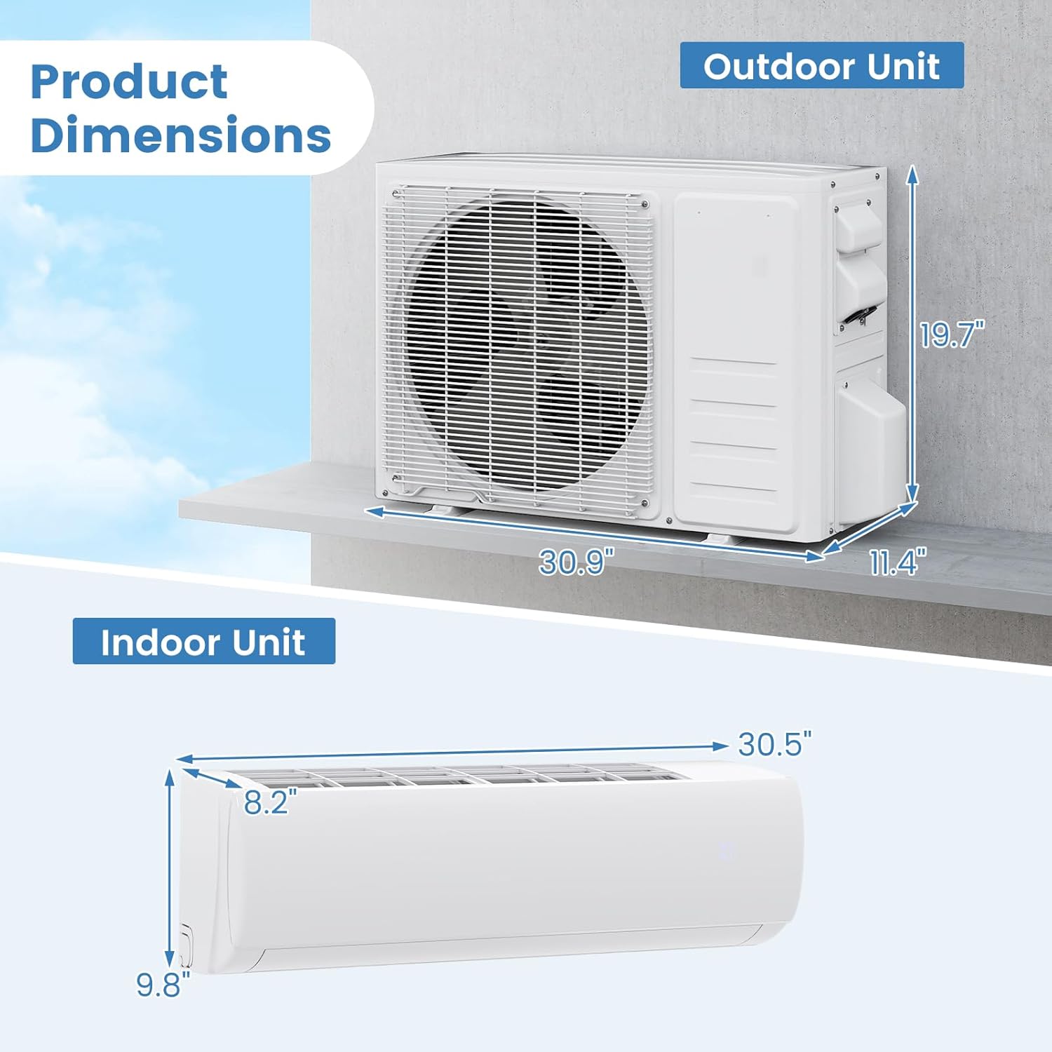 SIMOE 11500 BTU Mini Split AC/Heating System, Cools Up to 750 Sq.Ft, 17 SEER2 208/230V, Wifi Enabled Inverter Ductless AC, Mini Split Air Conditioner Heat Pump, Compatible with Alexa