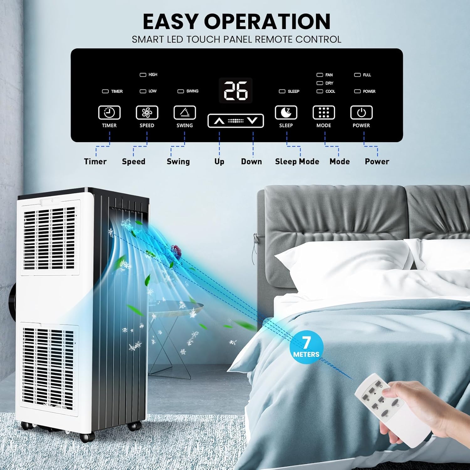 8000 BTU Portable Air Conditioner for Rooms Up to 350 Sq.Ft - Fan, Dry, Remote Control, Sleep Mode