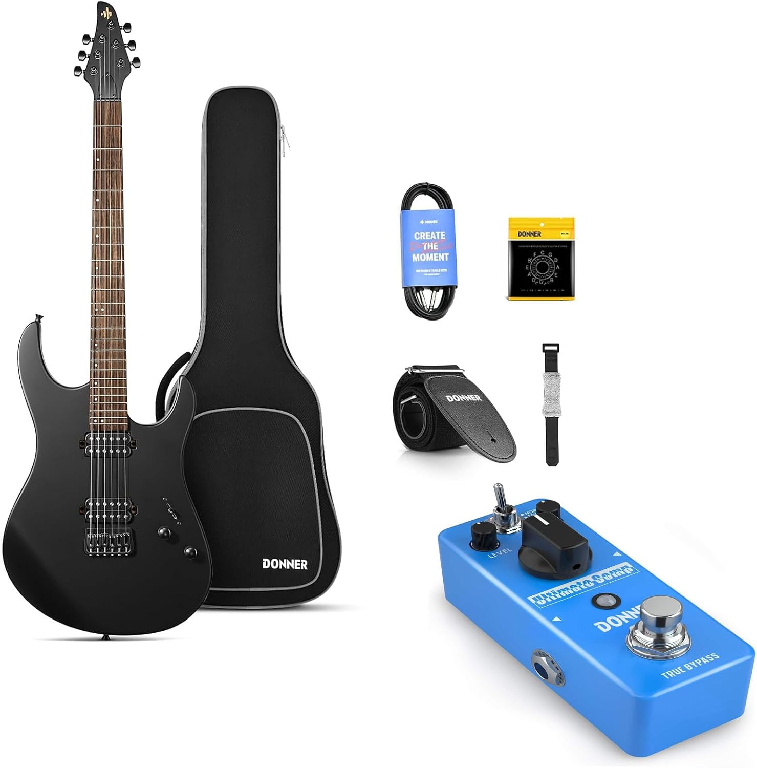 Donner Solid Body Electric Guitar, Matte Finish 39 Inch Metal Electric Guitar Beginner Kits-Compressor Pedal