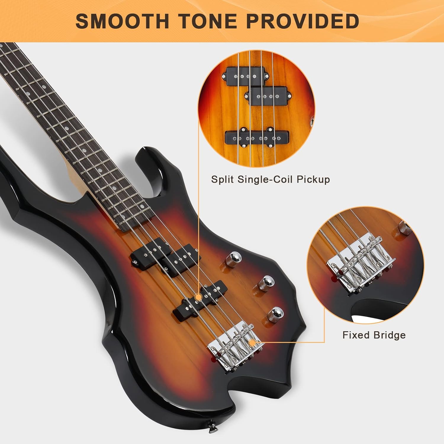 GLARRY Electric Bass Guitar 4 Strings Buring Fire Style Single Coil - Split Single Coil Pickups for Beginner Adults Right Hand w/ 20W Amp, Bag, Strap and Cord (Sunset)
