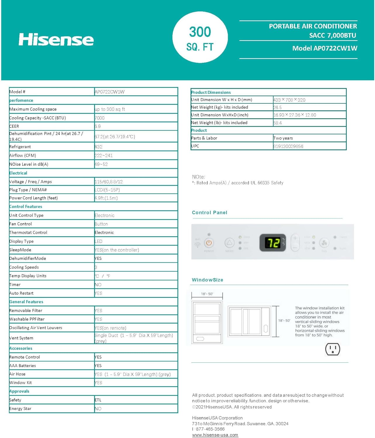 Hisense AP0722CW1W 7000-BTU DOE 115-Volt Vented Wi-Fi Portable Air Conditioner (Renewed)