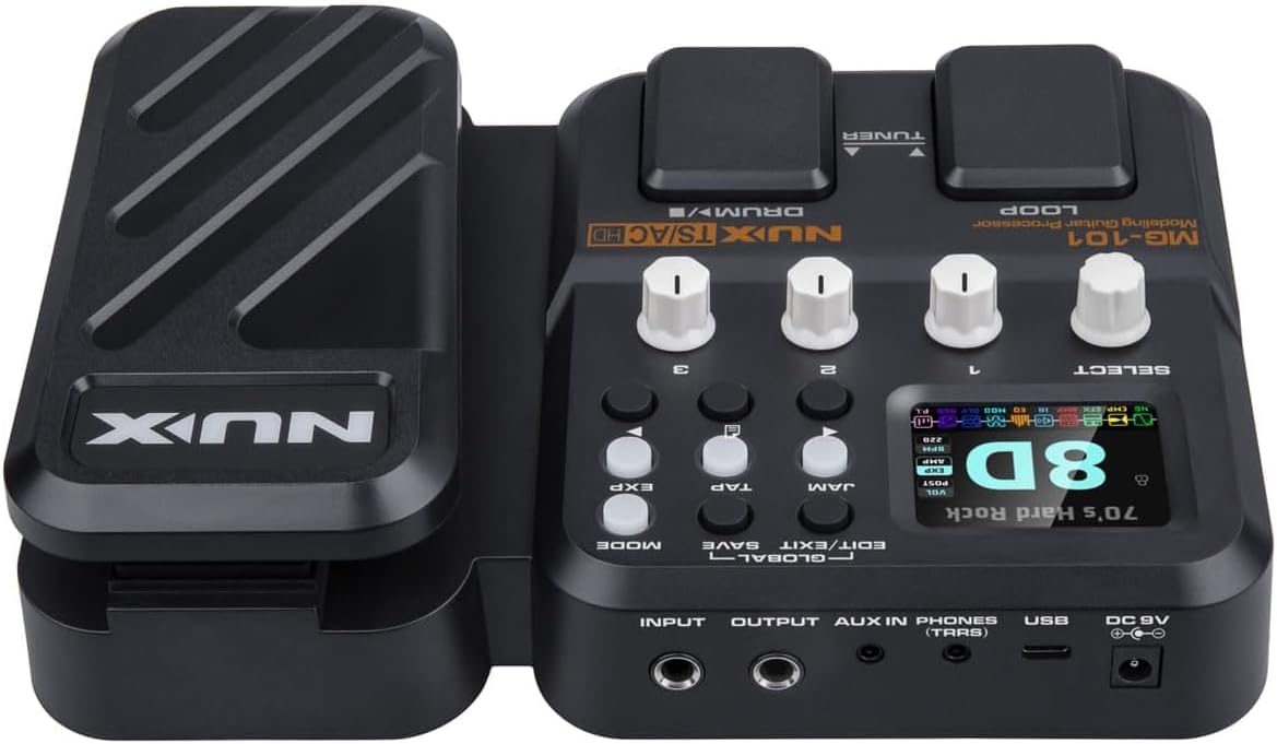 NUX MG-101 Amp Modeler and Guitar Effects Processor - Bundle with 2 Patch Cables, Instrument Cable and Aux Cable