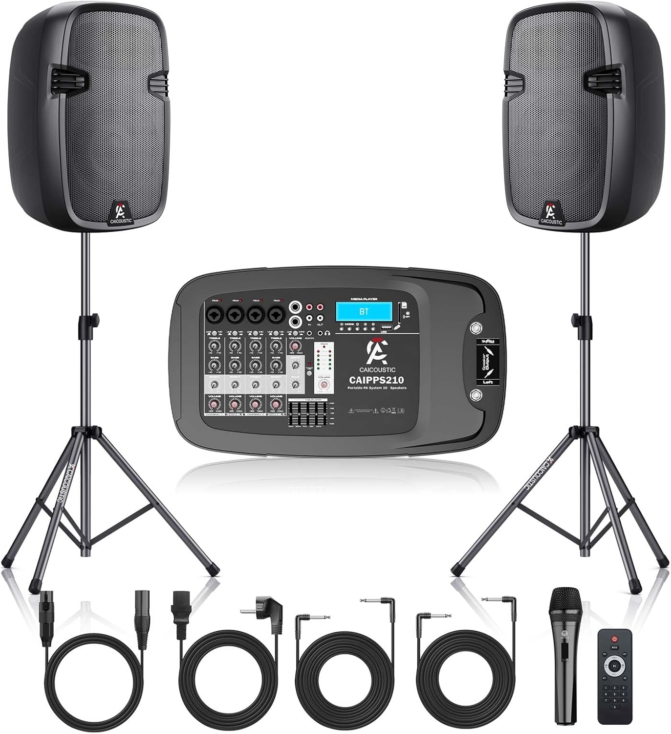 8-Channel Portable PA System with Bluetooth, Microphone, 2 Speaker Stands, USB, Reverb/Delay Effects - Perfect for Outdoor Events, Parties, Weddings, Church Services (2 x 10 Woofers)