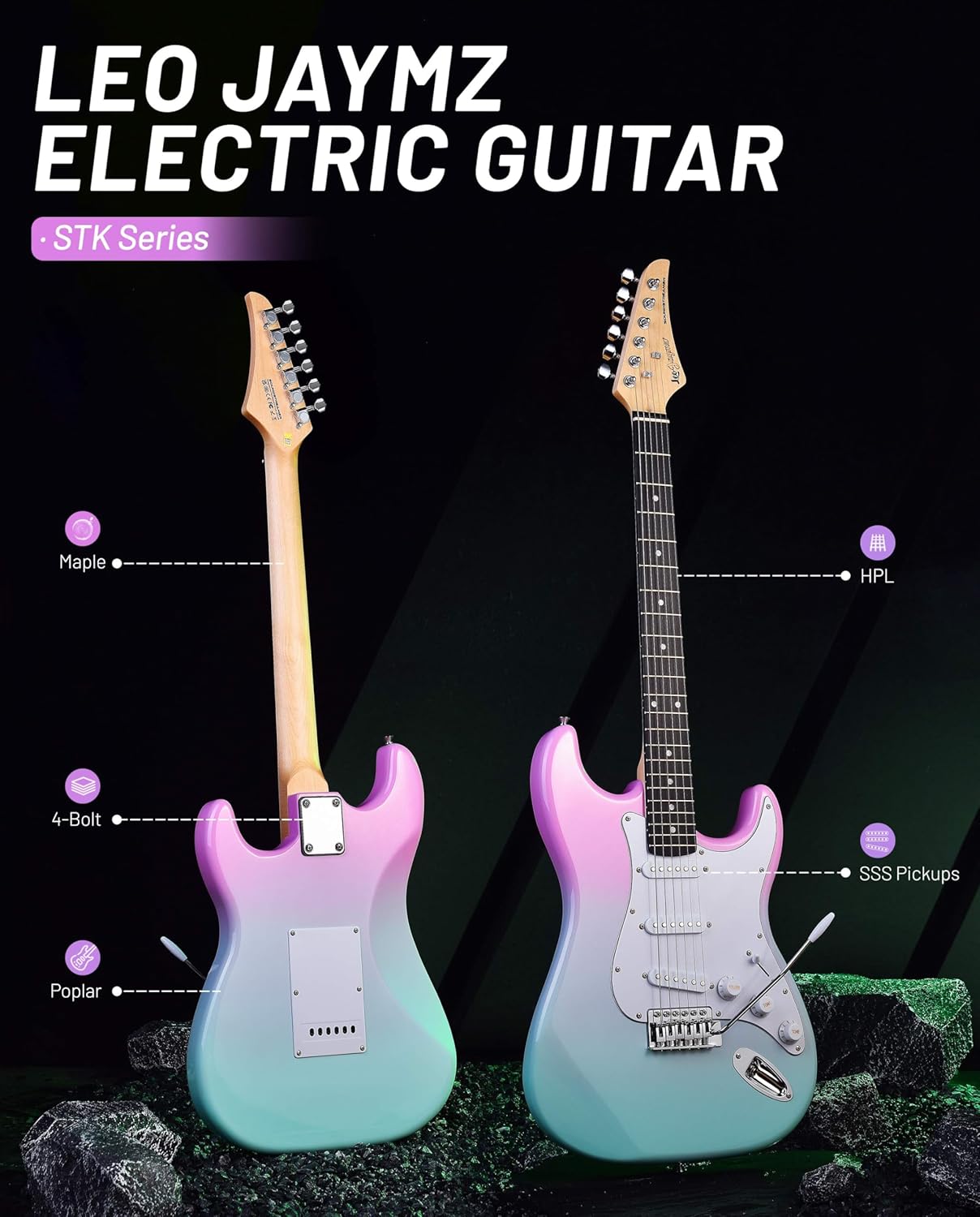 Leo Jaymz Beginner Electric Guitar Complete Kit with Portable Amp, Padded Gig Bag & Full Accessories, Maple Neck SSS Pickups(Pink-Cyan Fade)