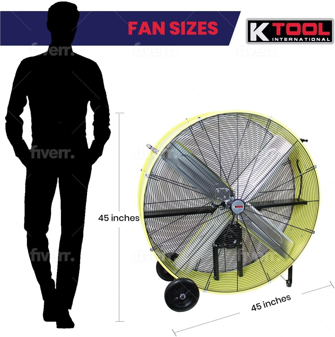 K Tool International 77743 42” Belt Drive Drum Fan with 8” Wheels, High-velocity, 2-Speed, Cut-off Protection, 14,800 Max CFM, cUL listed, Used in Warehouses, Shops, Greenhouses, Barns, Gyms, Yellow
