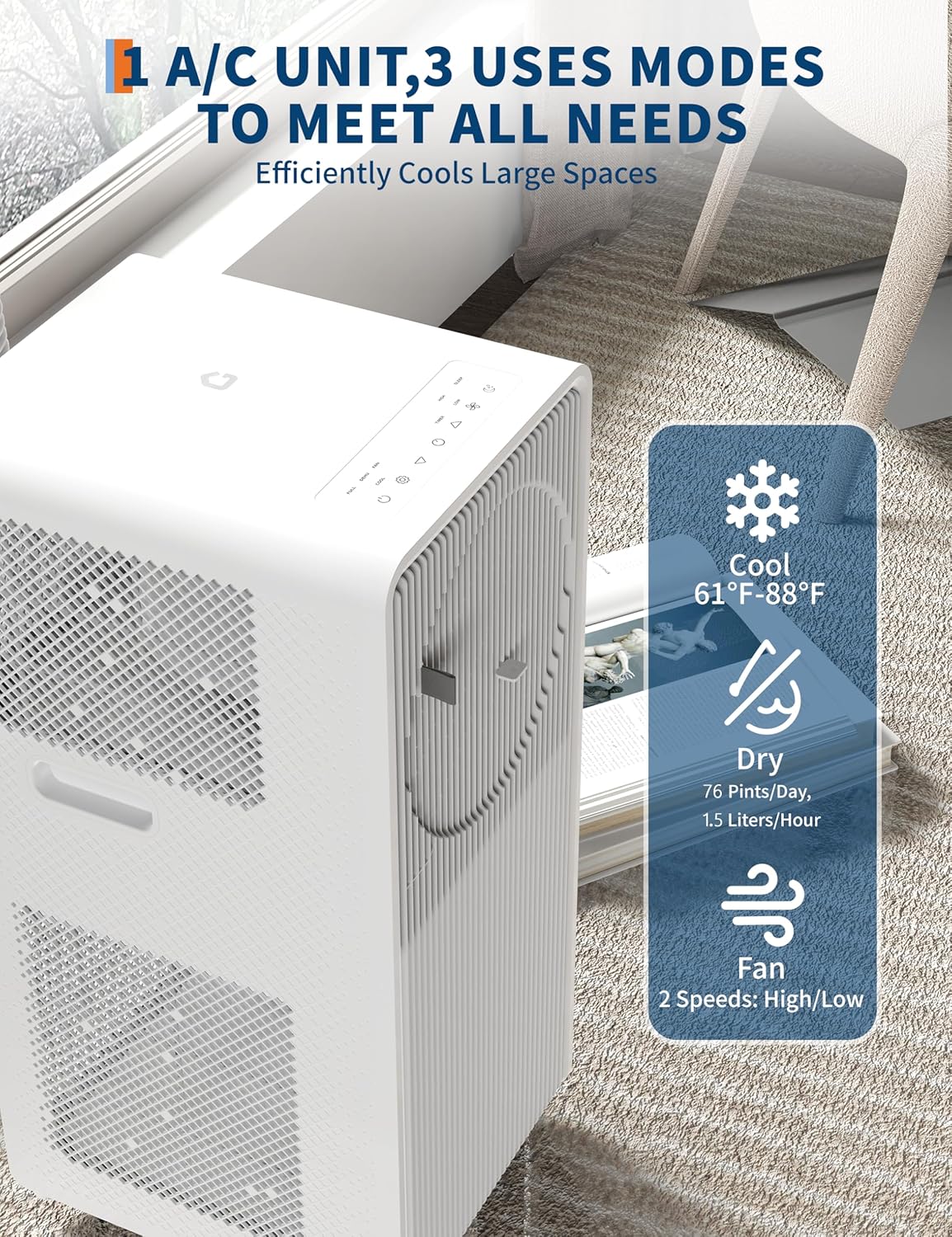 12,000 BTU Portable Air Conditioner for Room 190-250 Sq.Ft, 3 in-1 Drainage-free AC Unit with Dehumidifier, Fan, Remote Control, 24 Timer, Sleep Mode, Window Kits, White
