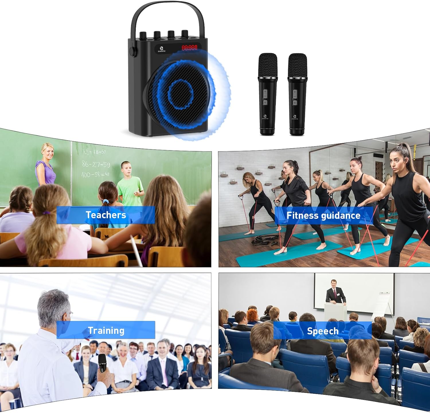 ZOWEETEK 60W Voice Amplifier with 2 Wireless Microphones,Portable Wireless Speaker with Microphone, Karaoke Machine,Portable Megaphone PA System,Wireless Voice Amplifier,Support TF Card,USB,Guitar,Aux