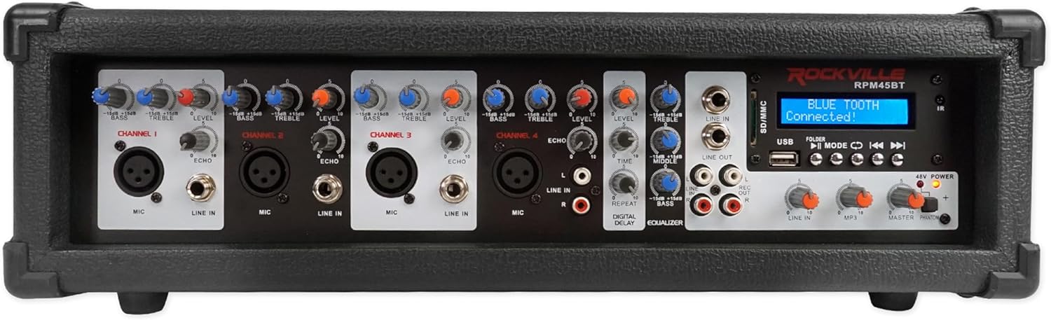 Rockville RPM45BT 1800W Powered 4 Channel Mixer/Amplifier, Bluetooth Streaming, USB Input, EQ, Reverb & Delay Effects, Phantom Power, for Live Sound and Small Events