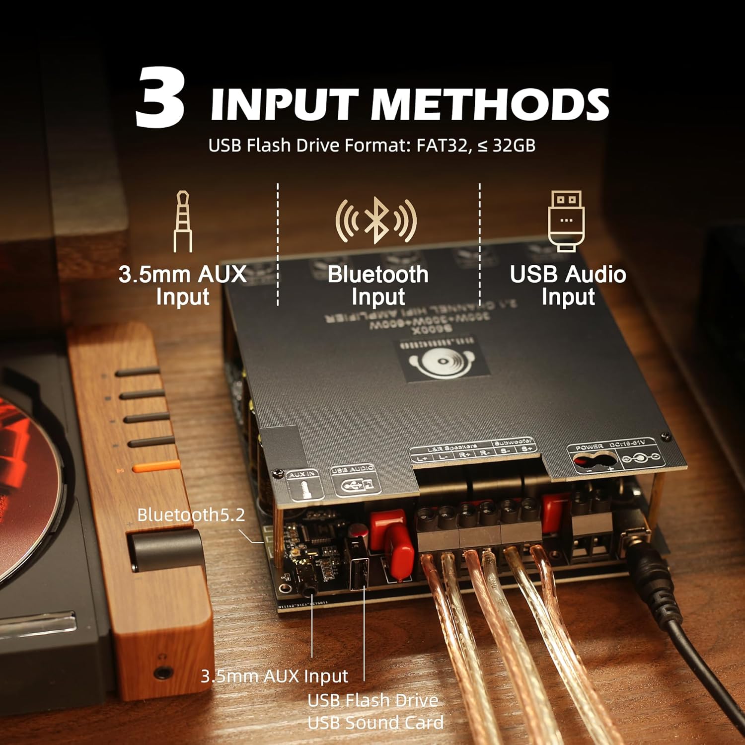 S600X 2.1 Channel Amplifier Board 300W+300W+600W Power Output,TPA3255 Chip,Bluetooth 5.2,Black