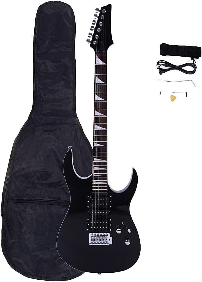 Dorill Black Electric Guitar Package, Full-Size, 24 Fret Rosewood Fretboard, Sawtooth Inlays, Maple Neck, with Gig Bag, Strap, Instrument Cable, Pick, and Whammy Bar