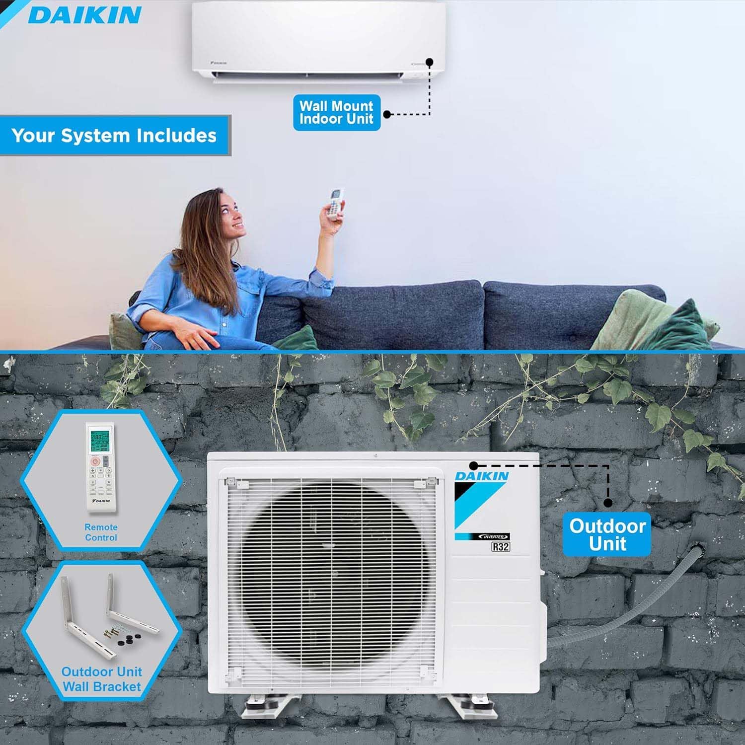 Daikin 18,000 BTU 18 SEER2 Entra R32 Series Ductless Mini Split Heat Pump System w/Wall Mounting Bracket (230V), White, RXC18+FTXC18+WAFP24