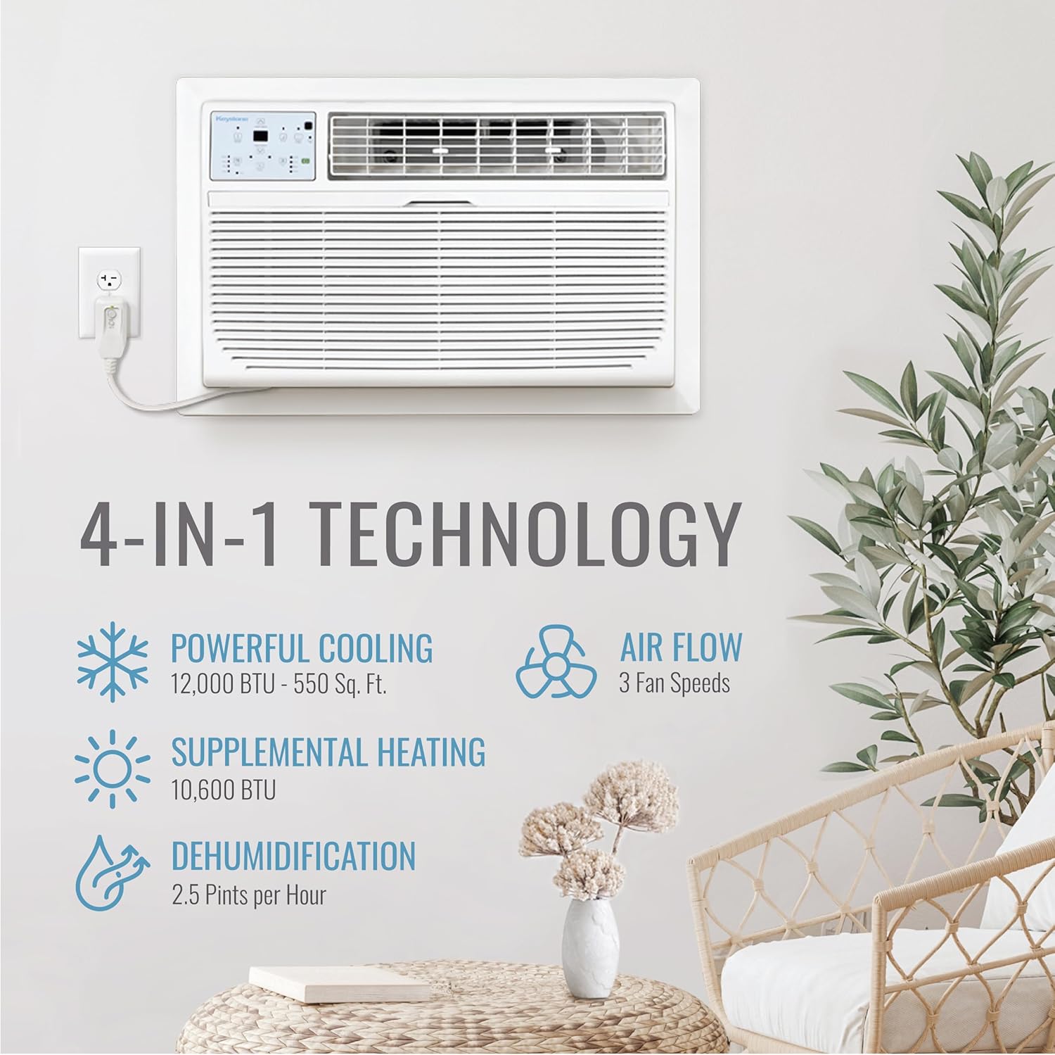 Keystone 12,000 BTU Wall Air Conditioner with Dehumidifier and Supplemental Heat, 230V, Quiet Wall AC for Small and Medium Sized Rooms up to 550 Sq.Ft. with Remote Control, White