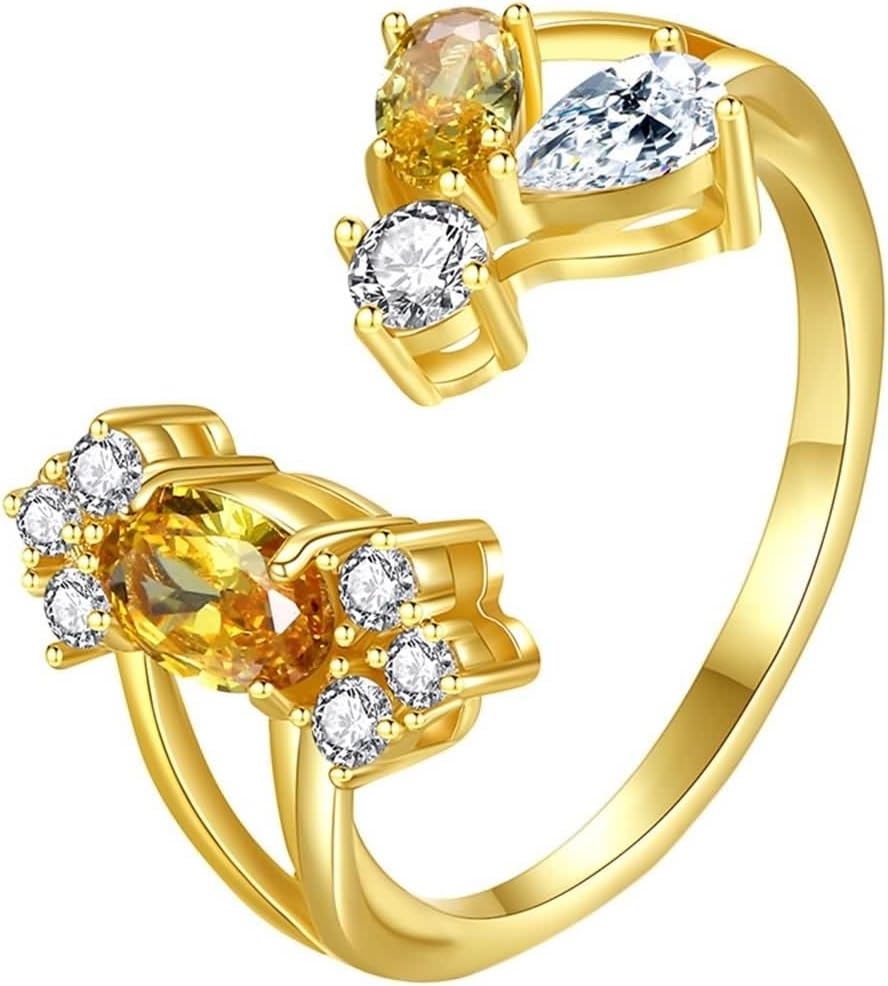 18 Karat Yellow Gold Ring, Wedding Band Women Citrine Moissanite Open Gold Jewelry for Bride