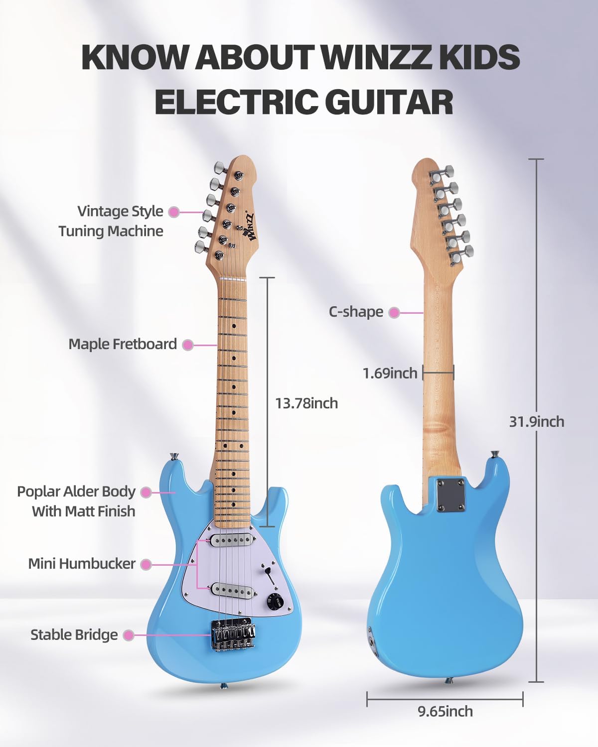 Winzz 30 Inch Kids Electric Guitar Beginner Kit, Junior 1/4 Size Mini Electric Guitar for Children Complete Stater Set with Amp, Gloosy Blue Colour