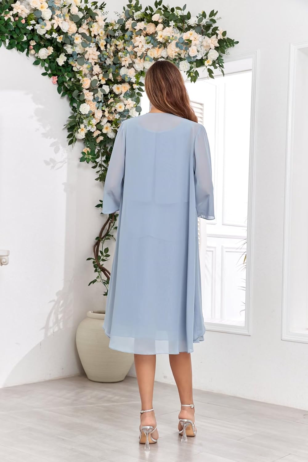 POMUYOO 2 Piece Mother of The Bride Dresses for Wedding Beaded Chiffon Tiered Formal Dress with Jacket