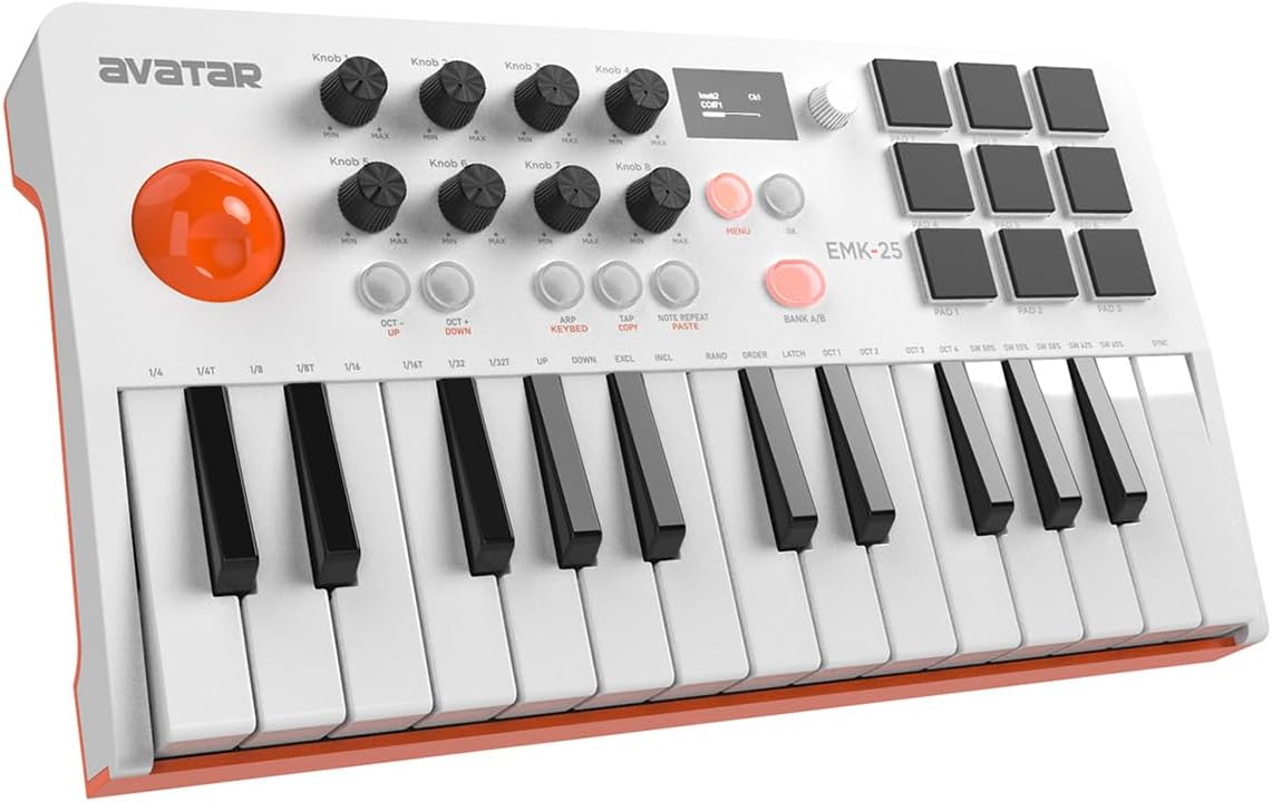 25 Key USB MIDI Keyboard Controller With Bluetooth, Professional Mini Midi Keyboard with OLED Screen, Beat Maker Machine for Music Production, Software Included, EMK-25 White