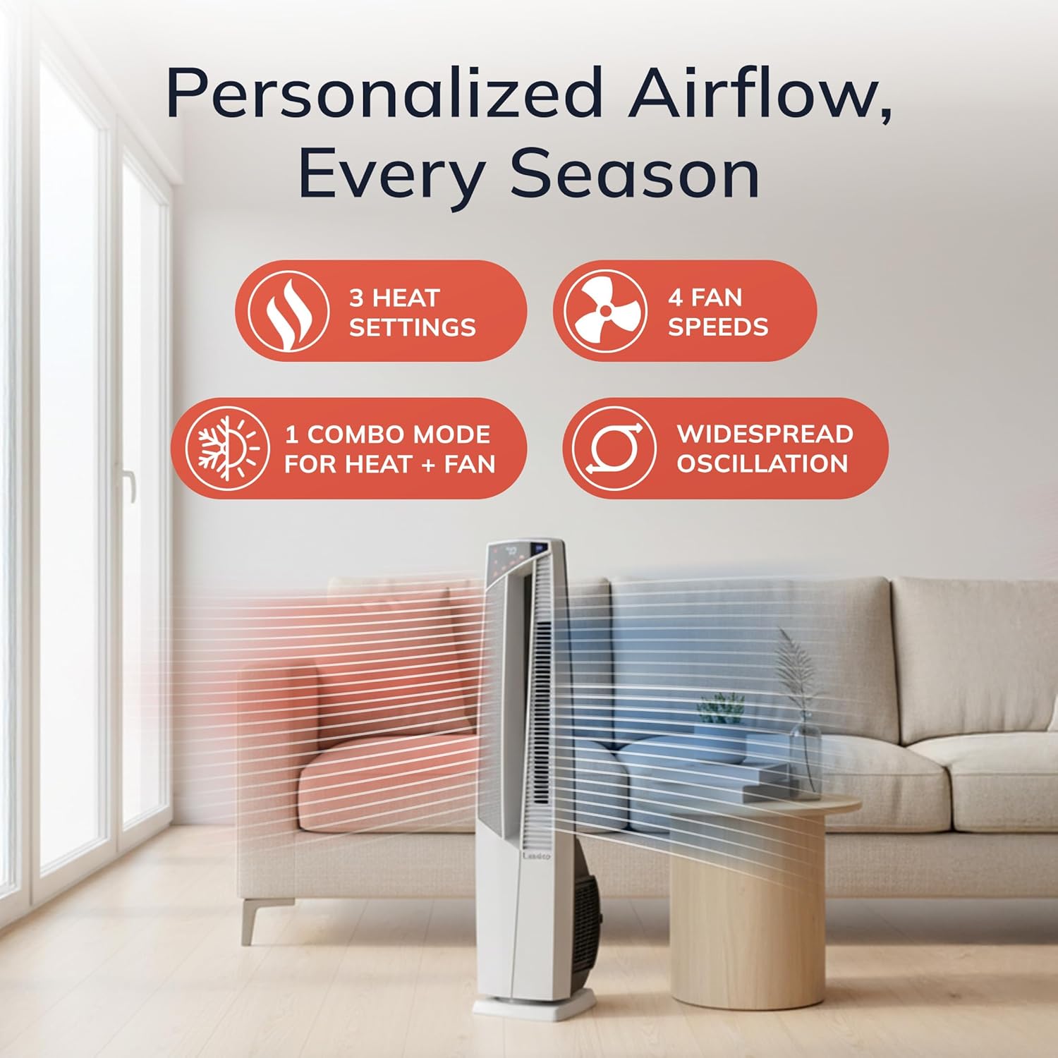 Lasko Oscillating Hybrid Fan and Space Heater for Home, All Season High Velocity Hybrid with Tip-Over Switch, Remote Control, Timer and Thermostat, 37.5 Inches, White, 1500W, FHV820