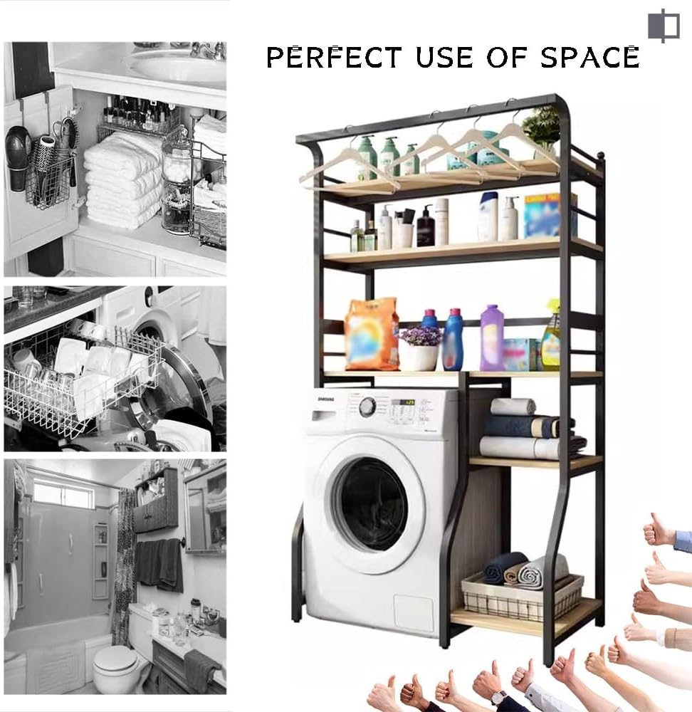 5 Tier Drum Washing Machine Storage Rack With Hanger Rail For Laundry Room Multi Functional Over The Washer And Dryer Cabinet With Metal Frames(E-100Cm)