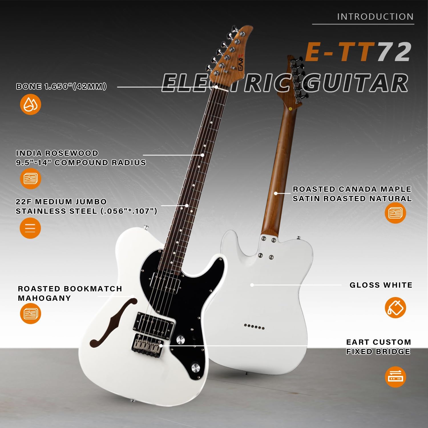 EART E-TT72 6 String Semi-Hollow-Body Electric Guitar Versatile Playability, Powerful Humbucker Pickups Fixed Bridge Guitars