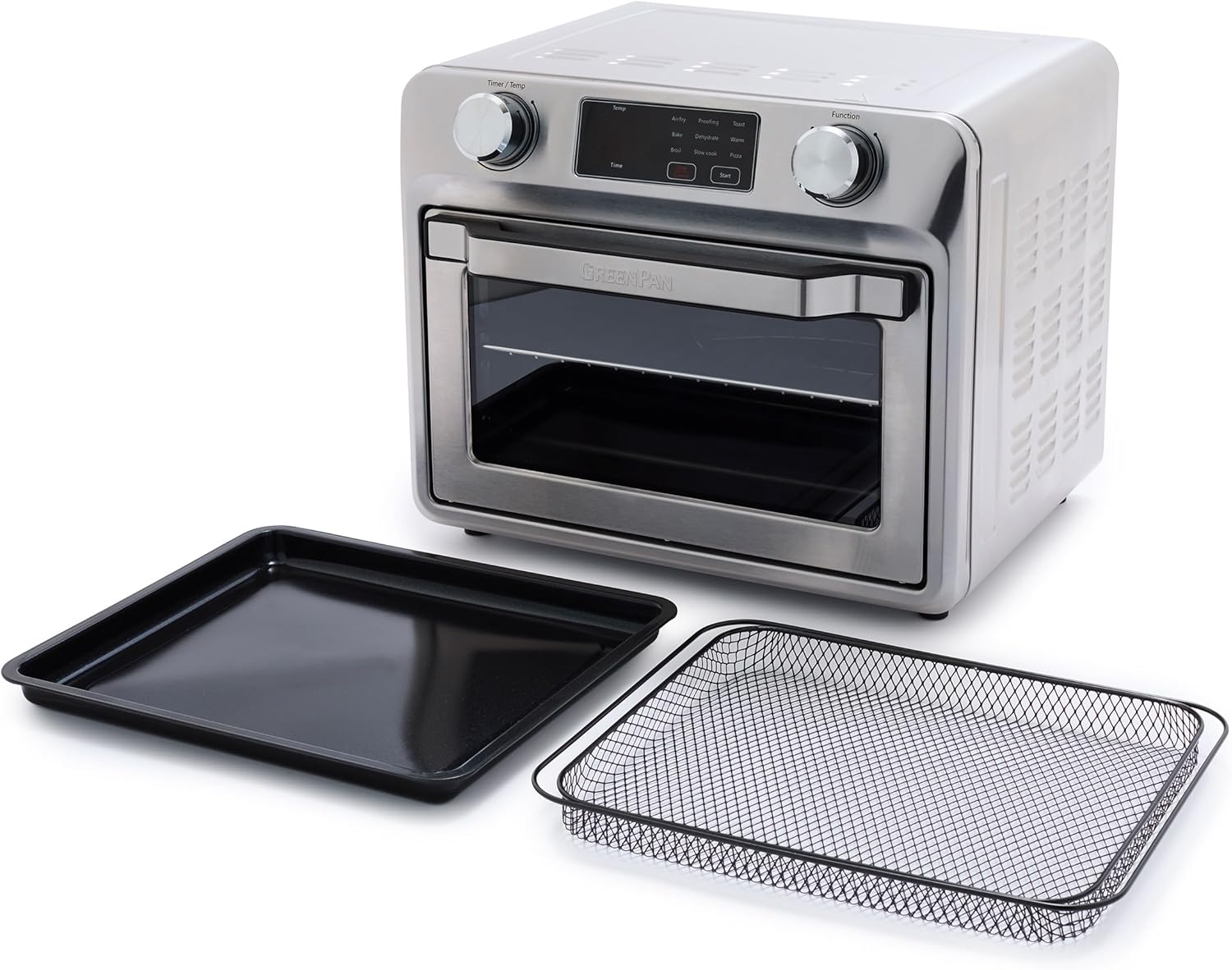 GreenPan Bistro Stainless Steel 9-in-1 Air Fry Oven, Nonstick Baking Pan, Stainless Steel Rack, and Basket, Fast Heating, Multifunction Presets, Cool-Touch Handle, PFAS-Free, Easy Cleanup Crumb Tray