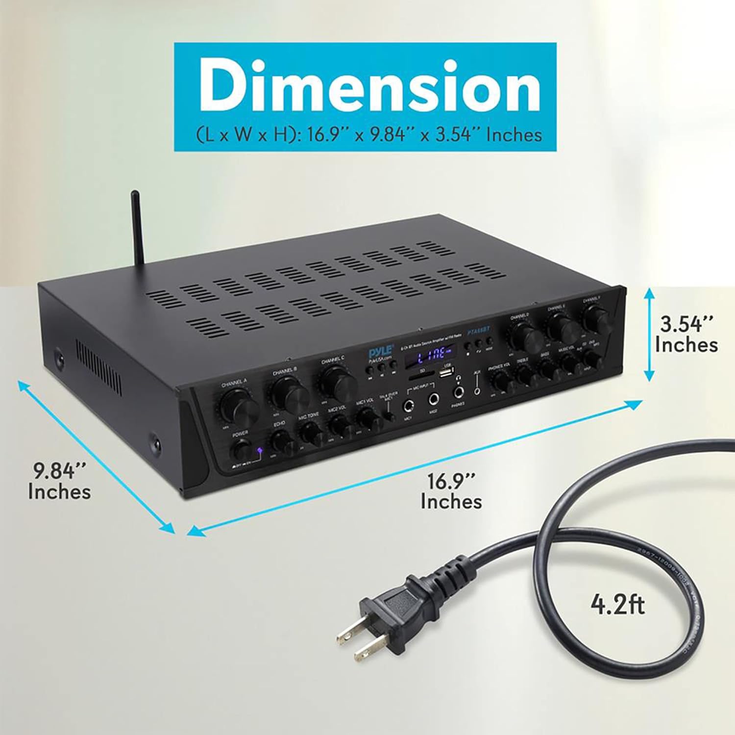 Pyle Wireless Home Audio Amplifier System Bluetooth Compatible Sound Stereo Receiver Amp - 6Channel 600Watt Power, Digital LCD, Headphone Jack, 1/4'' Microphone in USB SD AUX RCA FM Radio- PTA66BT.5