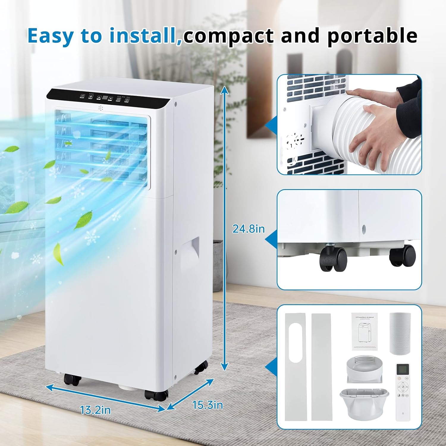 8000Btu Portable Air Conditioner with Remote Control,Quiet AC Unit with Cool, Dehumidifier & Fan Mode Room Cooling Up to 350 sq ft,24 Hour Timer, Window Installation Kit for Home, White