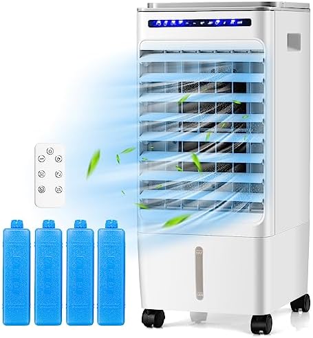 COSTWAY Evaporative Air Cooler, Portable Evaporator Cooler with Remote Control, 7H Timer, 3 Wind Speeds, 3 Modes, 4 Ice Boxes, Mini Air Conditioner for Bedroom Home Office Indoor Use White