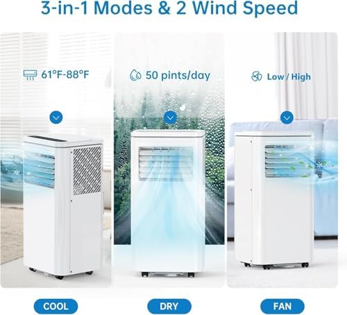 Portable Air Conditioner, 3-IN-1 Indoor AC, 8000 BTU Standing Air Conditioner with Sleep Mode and 24H Timer, 2 Wind Speeds, with Remote Control for Home and Office